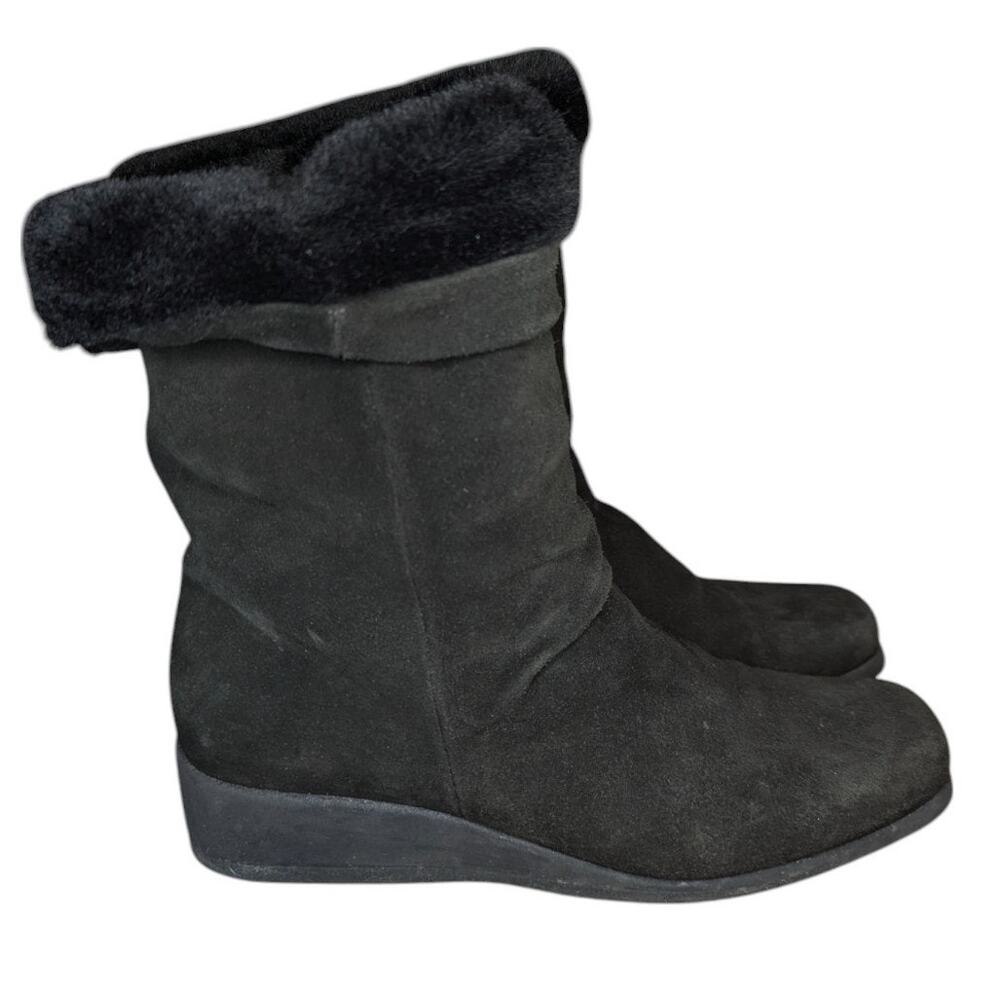 La Canadienne Black Trevis Suede Slouch Fur Low Wedge Boot 8.5 M